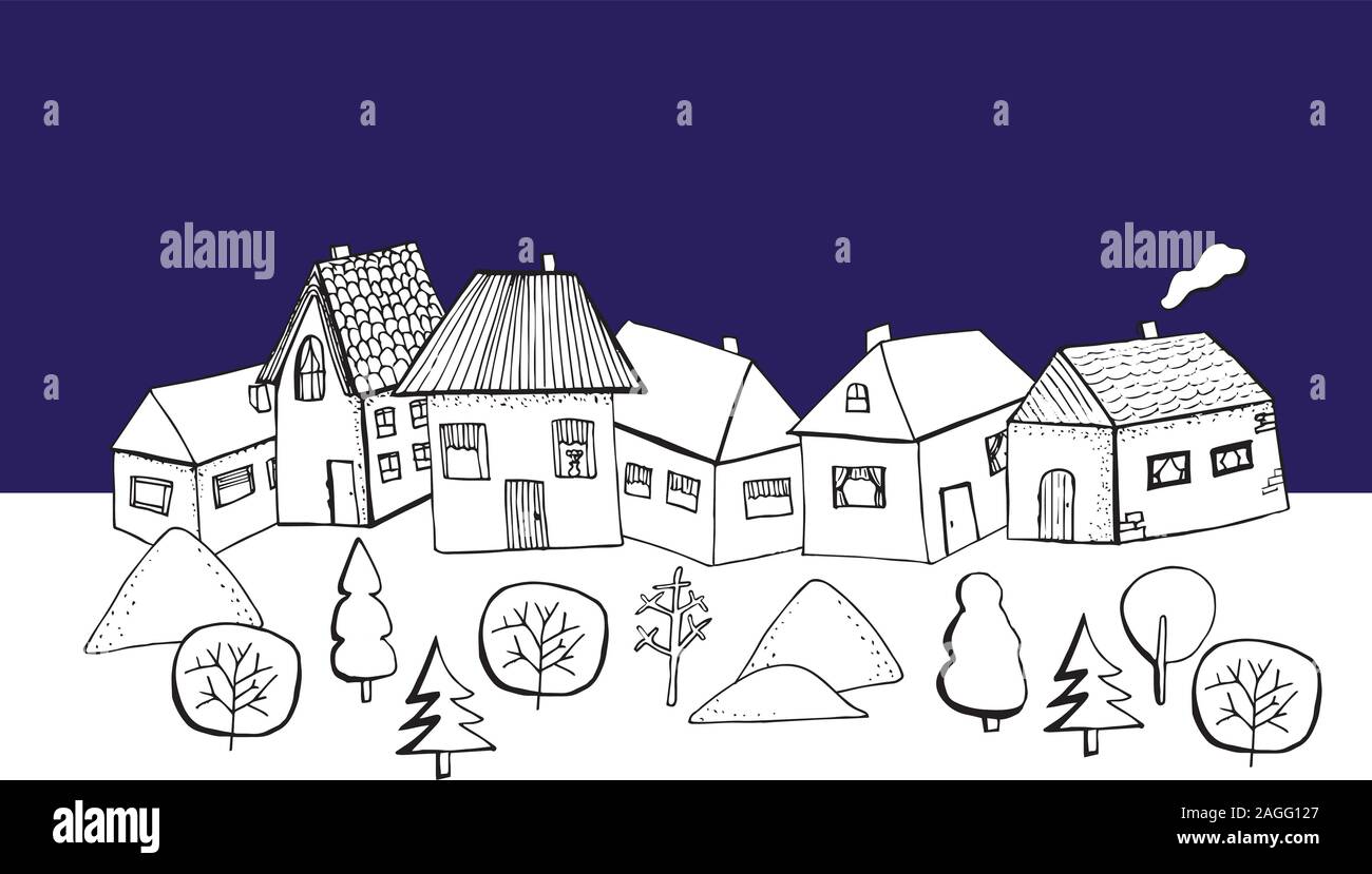 Vettore case e alberi disegnare a mano blu colore bianco Illustrazione Vettoriale