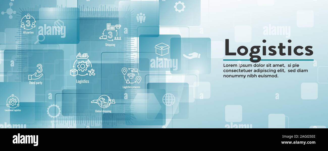 La logistica di set di icone e web banner di intestazione w edifici, autotrasporti, persone e nella confezione per la spedizione Illustrazione Vettoriale