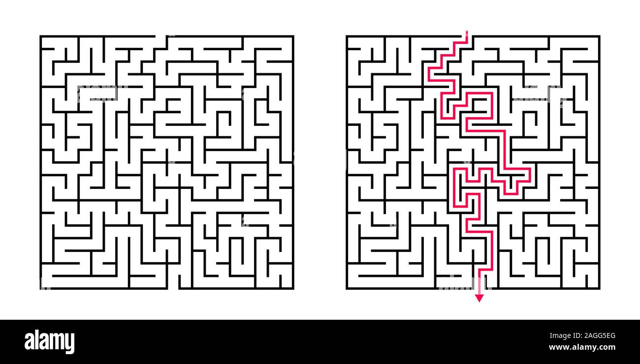 Piazza del vettore Maze - labirinto con inclusa soluzione in bianco e nero e rosso. Educativo divertente gioco di mente per il coordinamento, la soluzione dei problemi e il processo decisionale Illustrazione Vettoriale