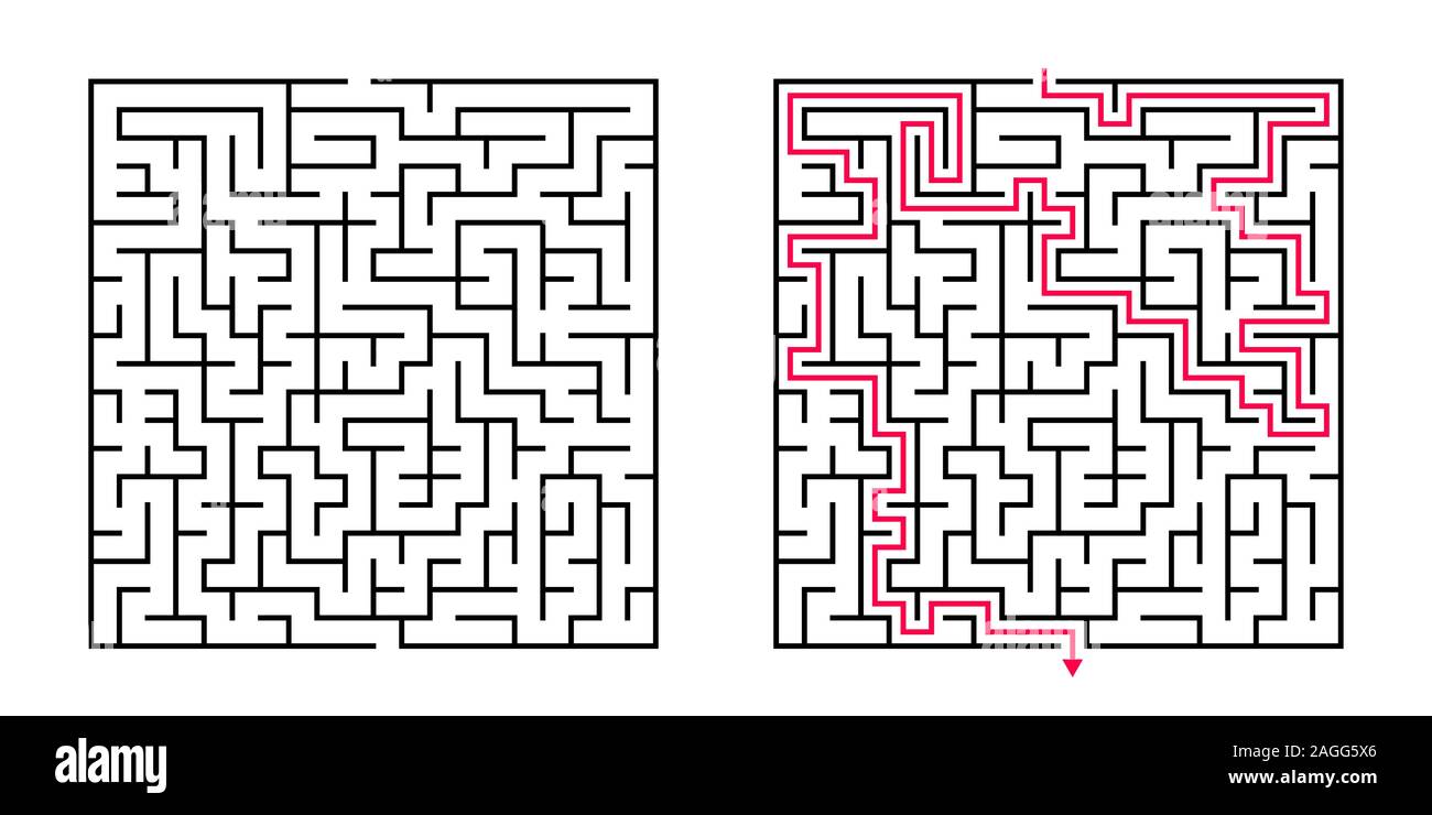 Piazza del vettore Maze - labirinto con inclusa soluzione in bianco e nero e rosso. Educativo divertente gioco di mente per il coordinamento, la soluzione dei problemi e il processo decisionale Illustrazione Vettoriale