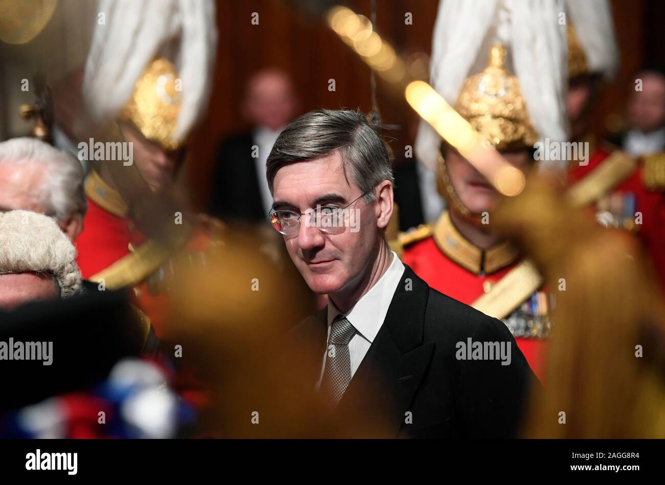 Leader della House of Commons, Jacob Rees-Mogg, lascia dopo lo stato di apertura del Parlamento dalla Regina Elisabetta II, la House of Lords presso il Palazzo di Westminster a Londra. Foto Stock