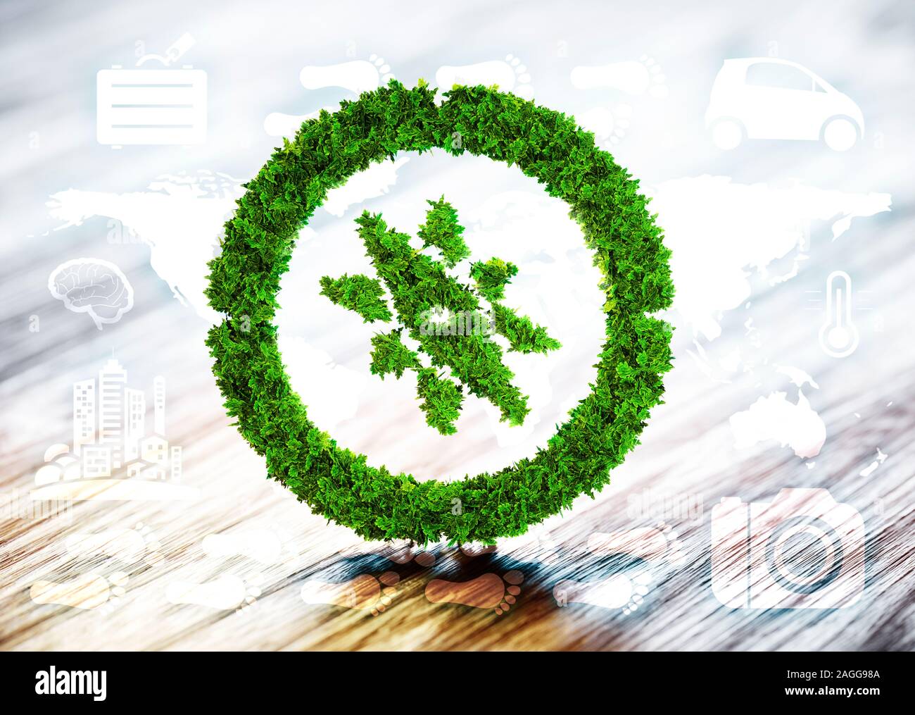 3D rendering della bussola verde con il turismo le relative icone su sfondo sfocato. Foto Stock