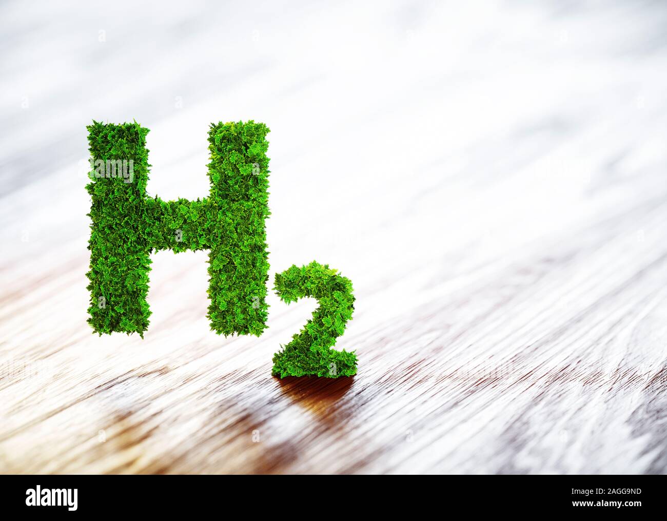 Verde elemento idrogeno segno su sfocata sullo sfondo di legno. 3D'illustrazione. Foto Stock