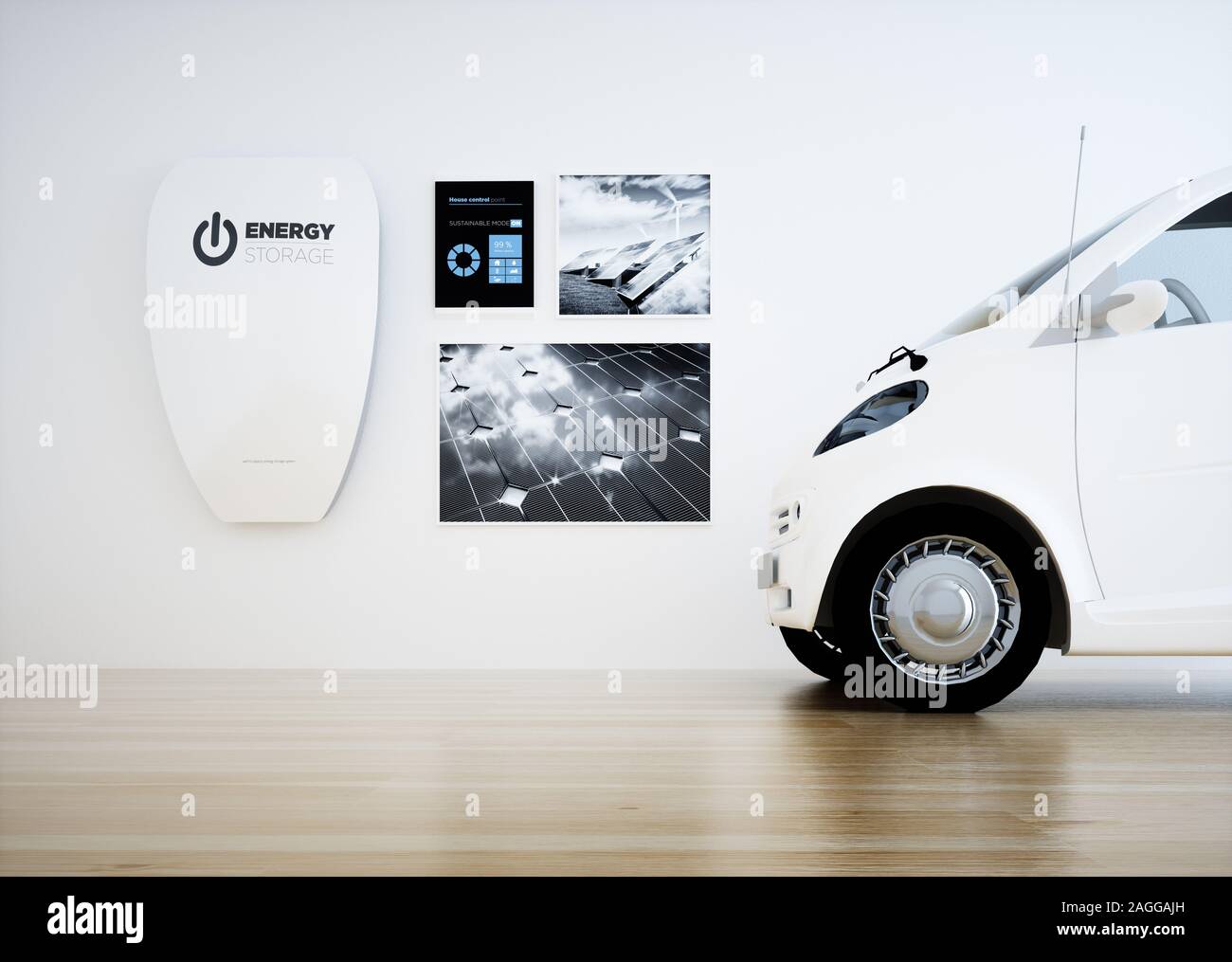 Home centrale di immagazzinamento di energia unità di batteria con pannello di controllo digitale e di un'auto. Il rendering 3D. Foto Stock