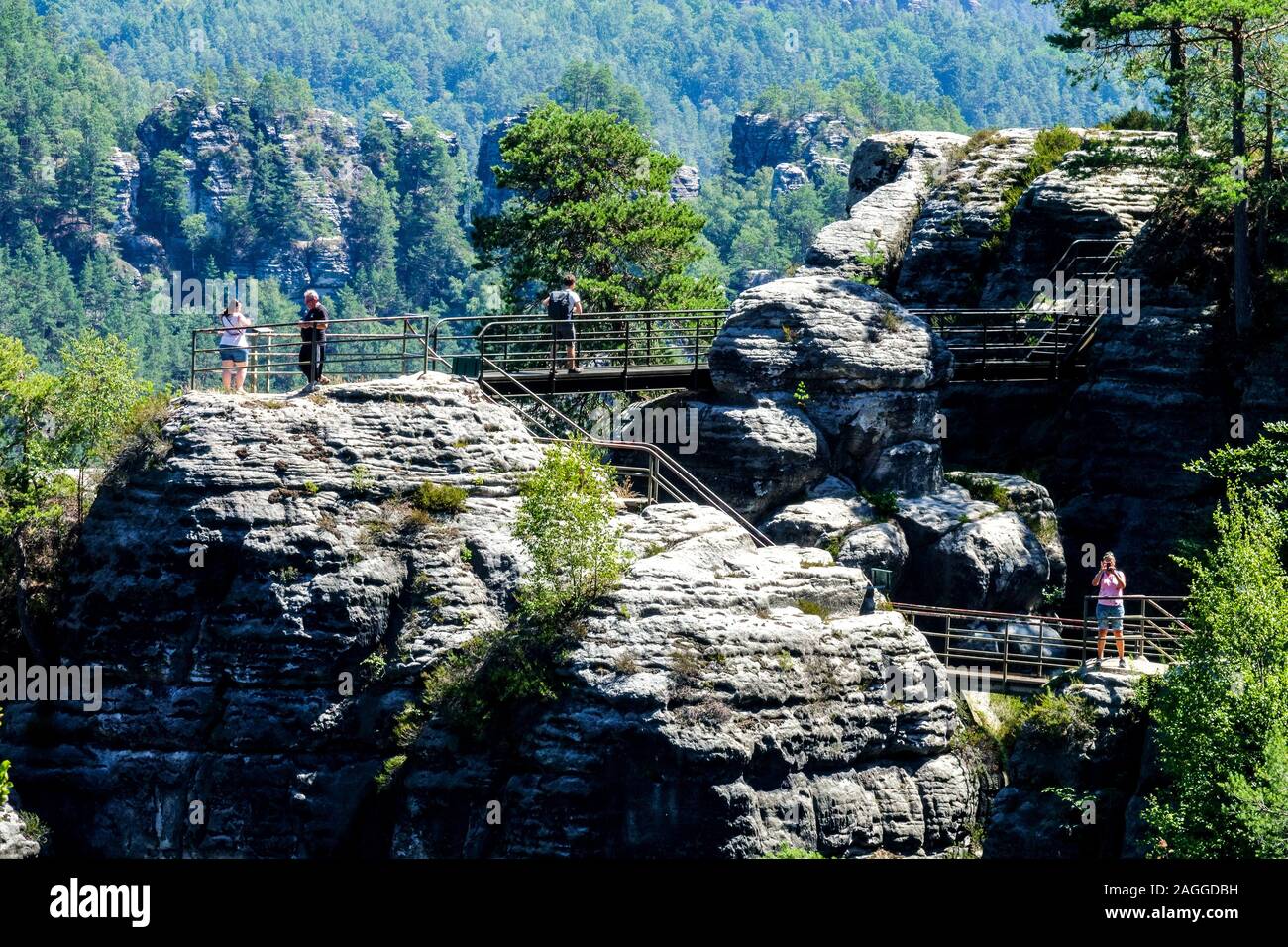 Montagne arenarie dell'Elba, Parco Nazionale della Svizzera sassone, Germania. Persone che camminano lungo il sentiero tra le cime di arenaria, paesaggio estivo Foto Stock