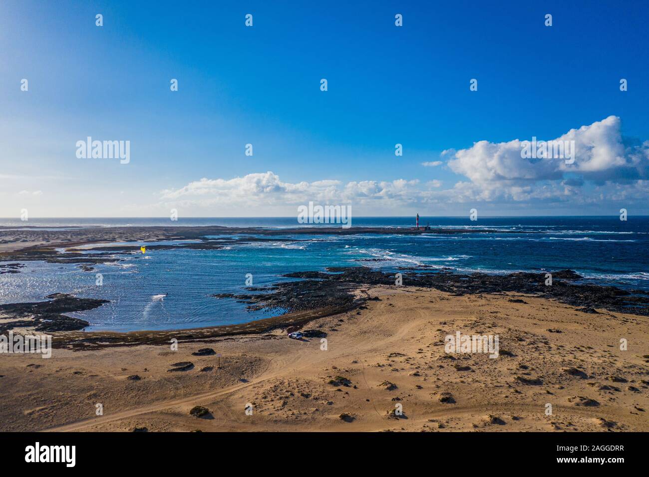 Costa Nord dell isola di Fuerteventura, Drone Shot. Kitesurf spot. Isole Canarie Spagna Foto Stock