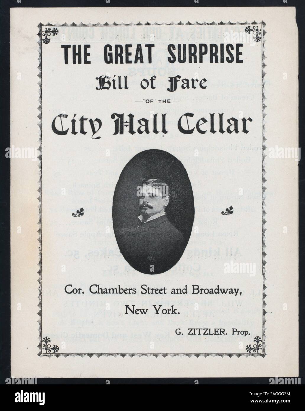 Immagine dell uomo sulla copertina anteriore;birra servita con 40 CENTESIMI IL PRANZO;data scritta a mano da FB;BROADWAY-camere edificio raffigurata sul retro di copertina; Pranzo [detenute da] MUNICIPIO CANTINA [at] Camere Steet e Broadway, New York, NY (LUNCHROOM;) Foto Stock