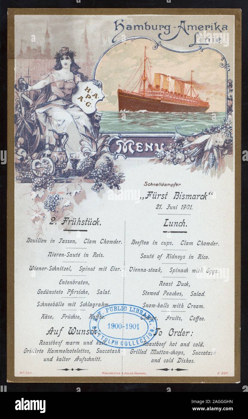 MENU in tedesco e inglese; ILLUSTATION DELLA NAVE E LA DONNA IN ABITO CLASSICO CON SCUDO DICENDO HAPAG Citazione/Riferimento: 1901-1705; Pranzo [detenute da] HAMBURG-AMERIKA LINIE [a] EN ROUTE A BORDO DI Furst Bismarck (SS;) Foto Stock