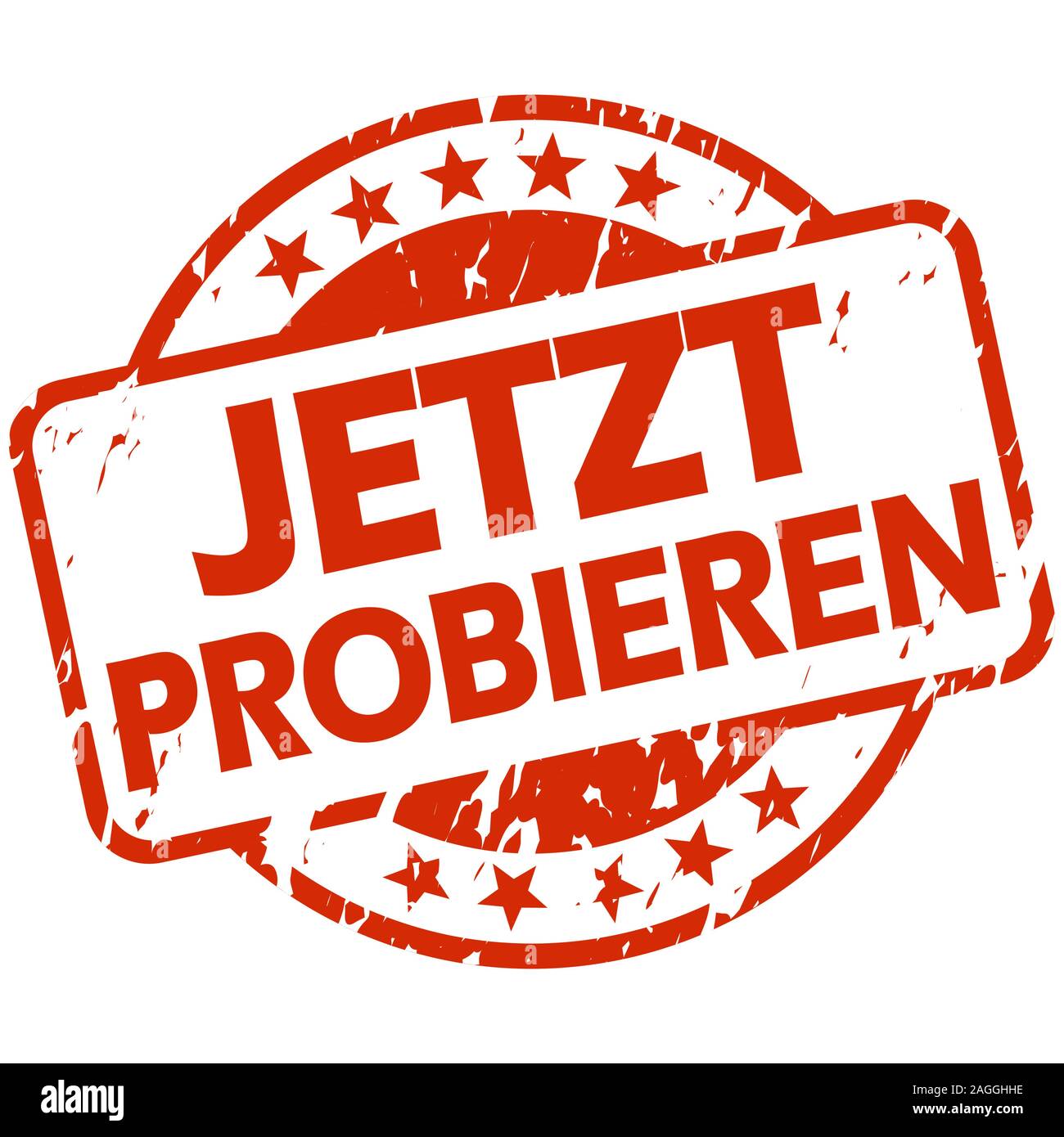EPS 10 vettore con rotondo rosso timbro colorato con banner e testo prova adesso (in tedesco) Illustrazione Vettoriale