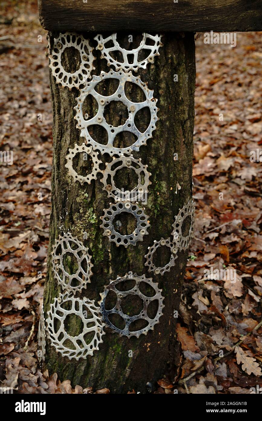Bicicletta denti di ingranaggio fissato ad un palo di legno come un concetto artistico. Foto Stock
