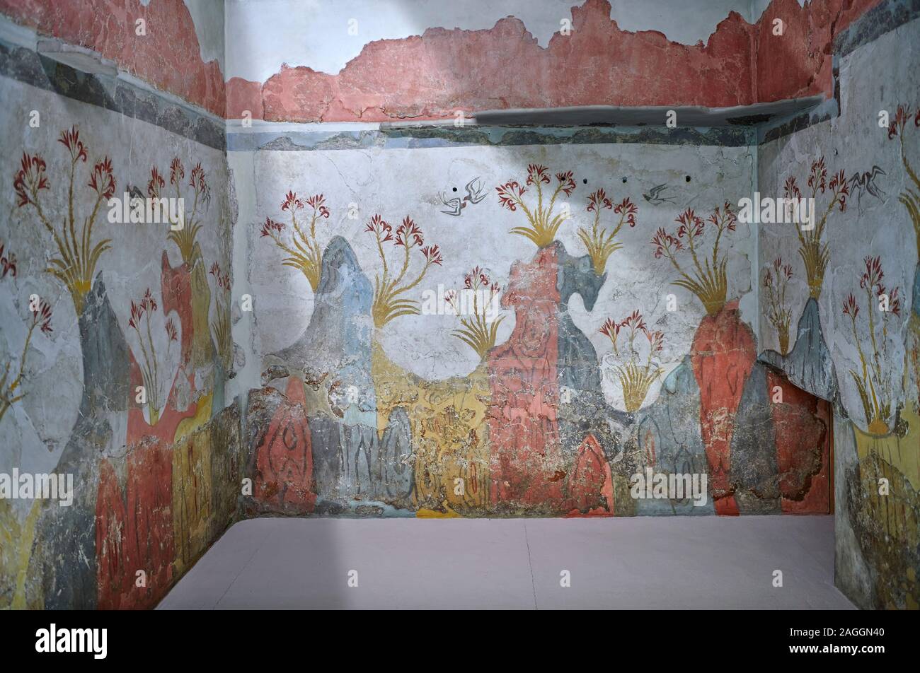 La molla di Minoan affresco dipinto da Akrotiri, Nazionale Museo Archeologico di Atene Minoan artefatto. 17th-16th cent BC. La Minoan 'Spring Fr Foto Stock