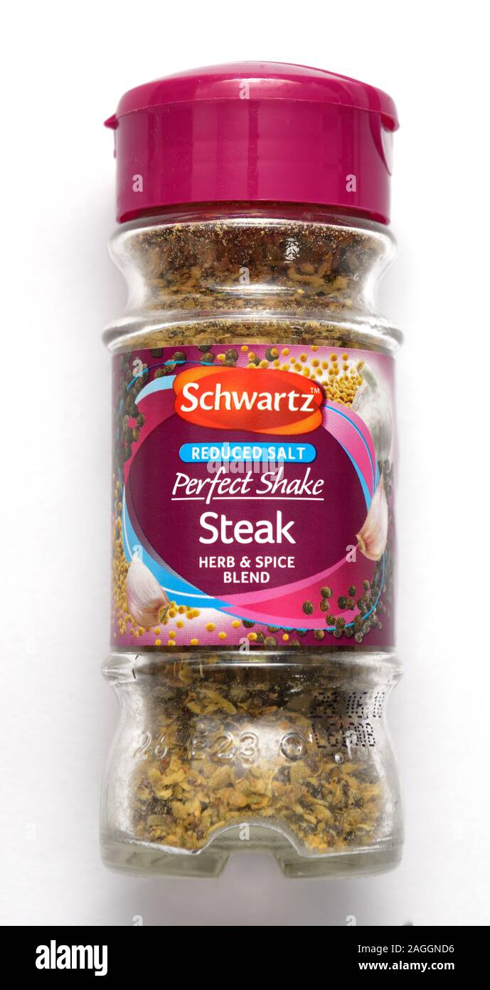 Vasetto di Schwartz sale ridotto perfetto shake steak herb & spice blend jar retail Foto Stock