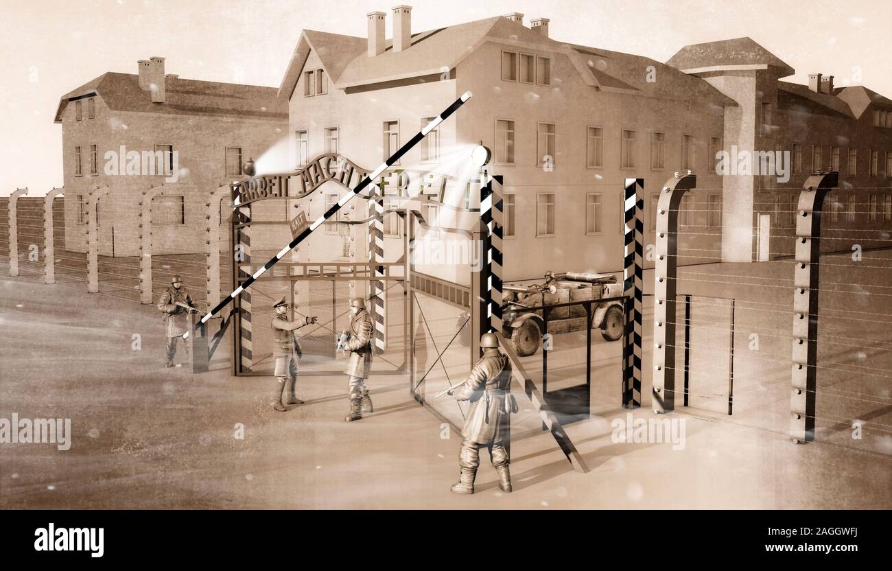 Cancello di ingresso del polacco del campo di concentramento di Auschwitz.  Arbeit macht frei si trova la scritta sopra la porta di ingresso al campo  di concentramento. 3D render Foto stock -