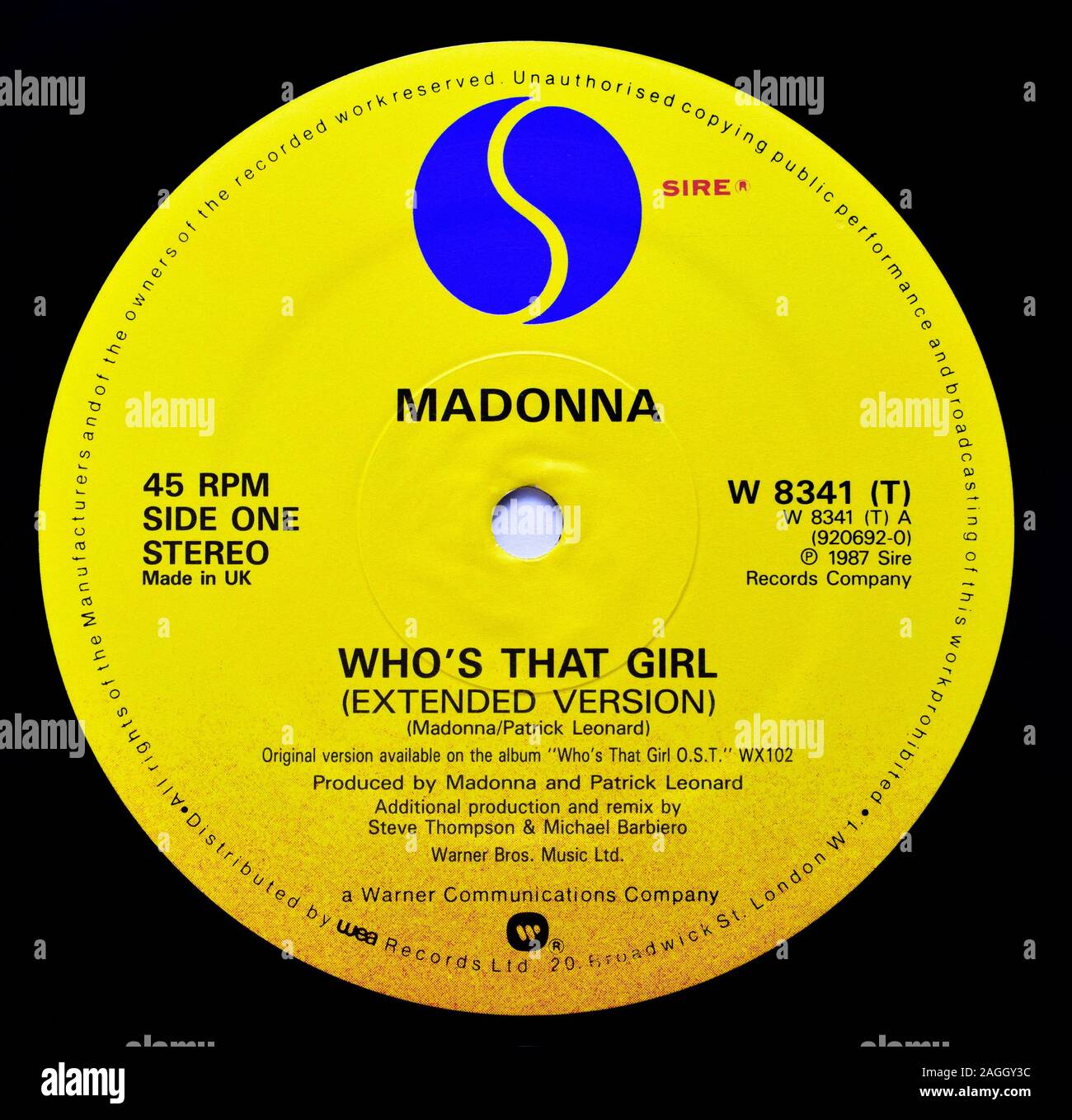 La Madonna che è quella ragazza versione estesa vinyl etichetta discografica Foto Stock