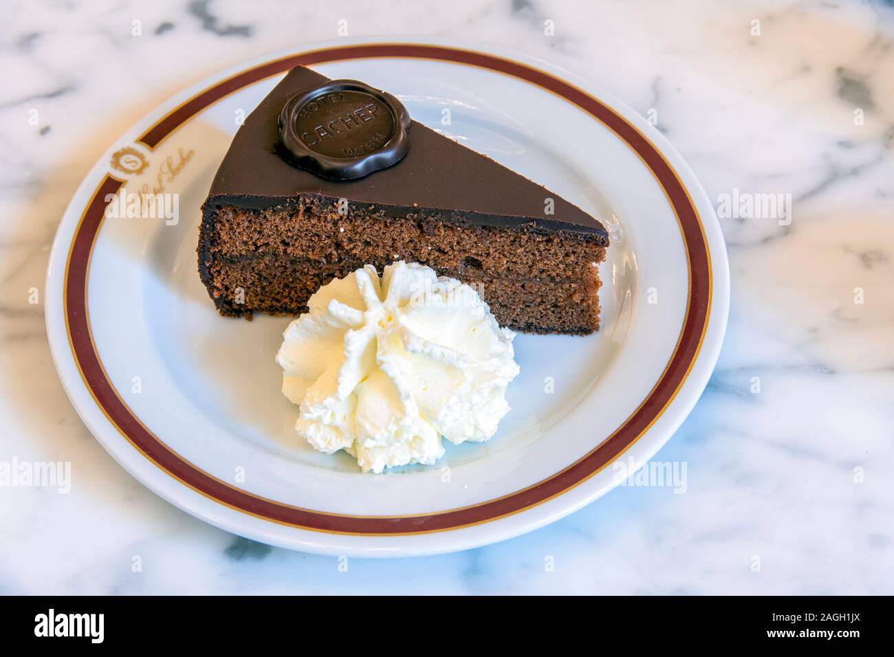 Sacher torta al cioccolato con crema servita presso il Cafe Sacher di Vienna, Austria Foto Stock