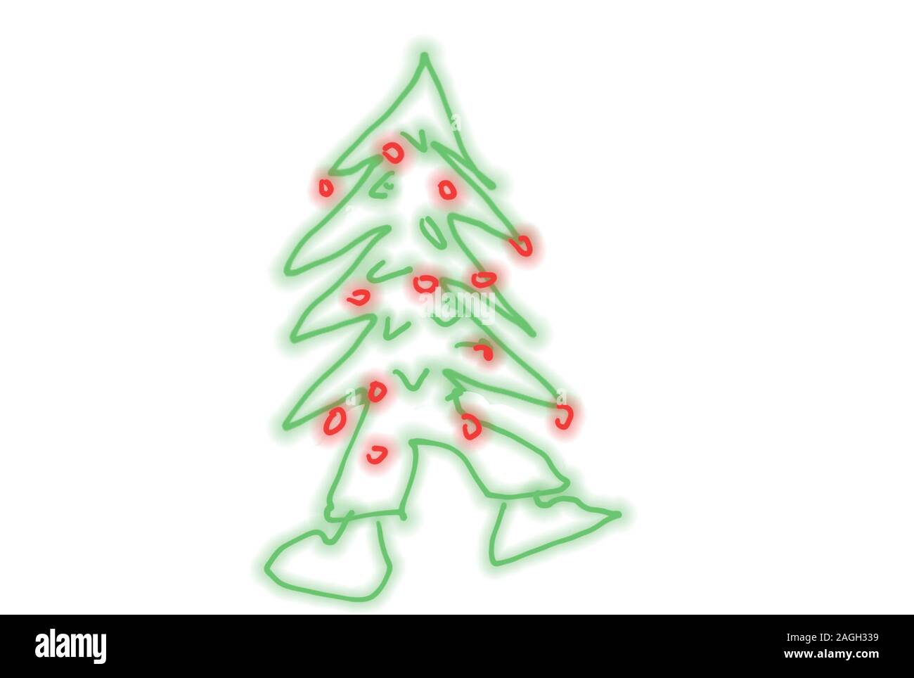 Disegnata a mano astratto albero di Natale con il rosso dei giocattoli e gambe in stivali, isolato sullo sfondo bianco. Foto Stock