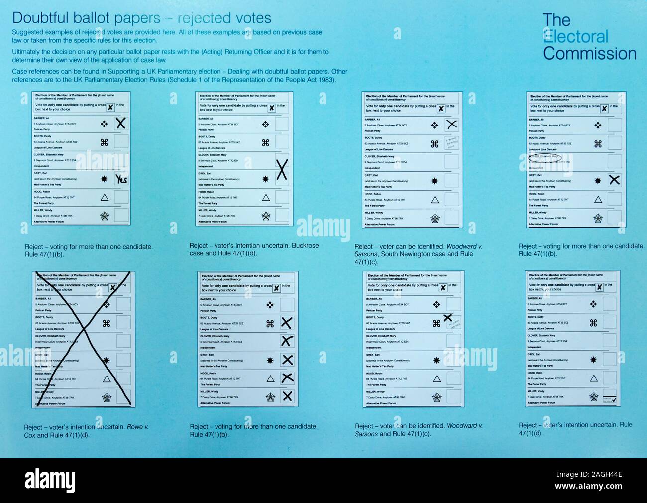Linee guida per la dubbia schede & voti respinta dalla commissione elettorale, le elezioni generali 2019 Foto Stock