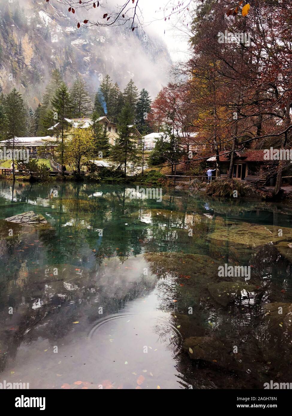 Lago Blausee circondato dal verde che si riflette sull'acqua coperta In nebbia in Svizzera Foto Stock