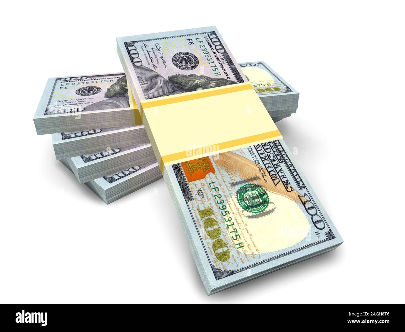 Grandi pile di denaro da dollari isolato su bianco. Affari e finanza concettuale. 3D render Foto Stock