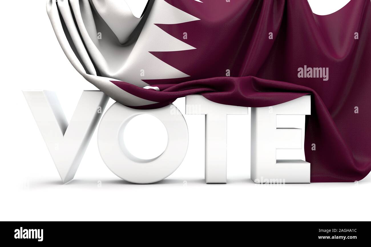 Il Qatar voto concetto. Voto parola contemplati nella bandiera nazionale. 3D Render Foto Stock