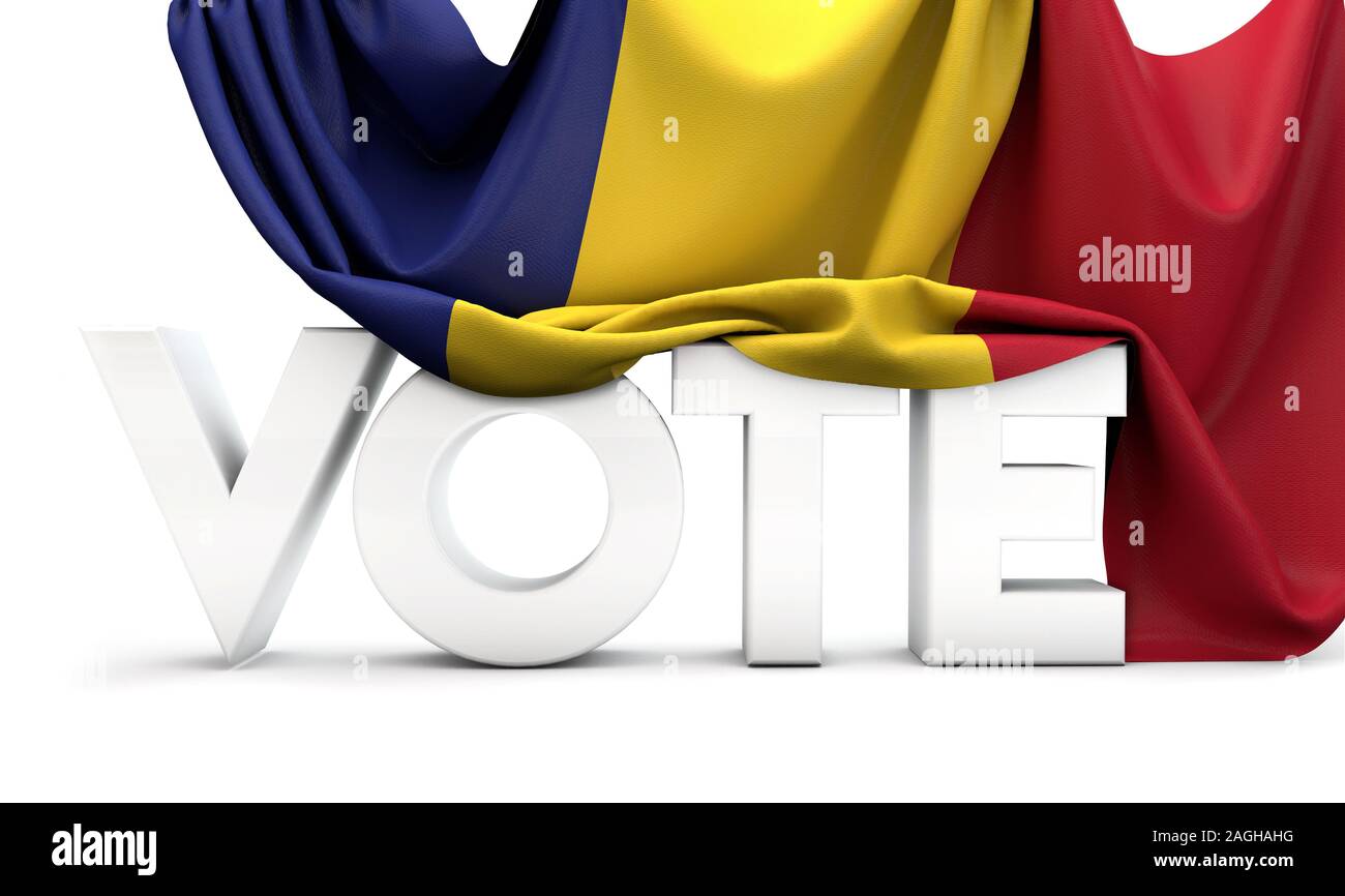 La Romania voto concetto. Voto parola contemplati nella bandiera nazionale. 3D Render Foto Stock