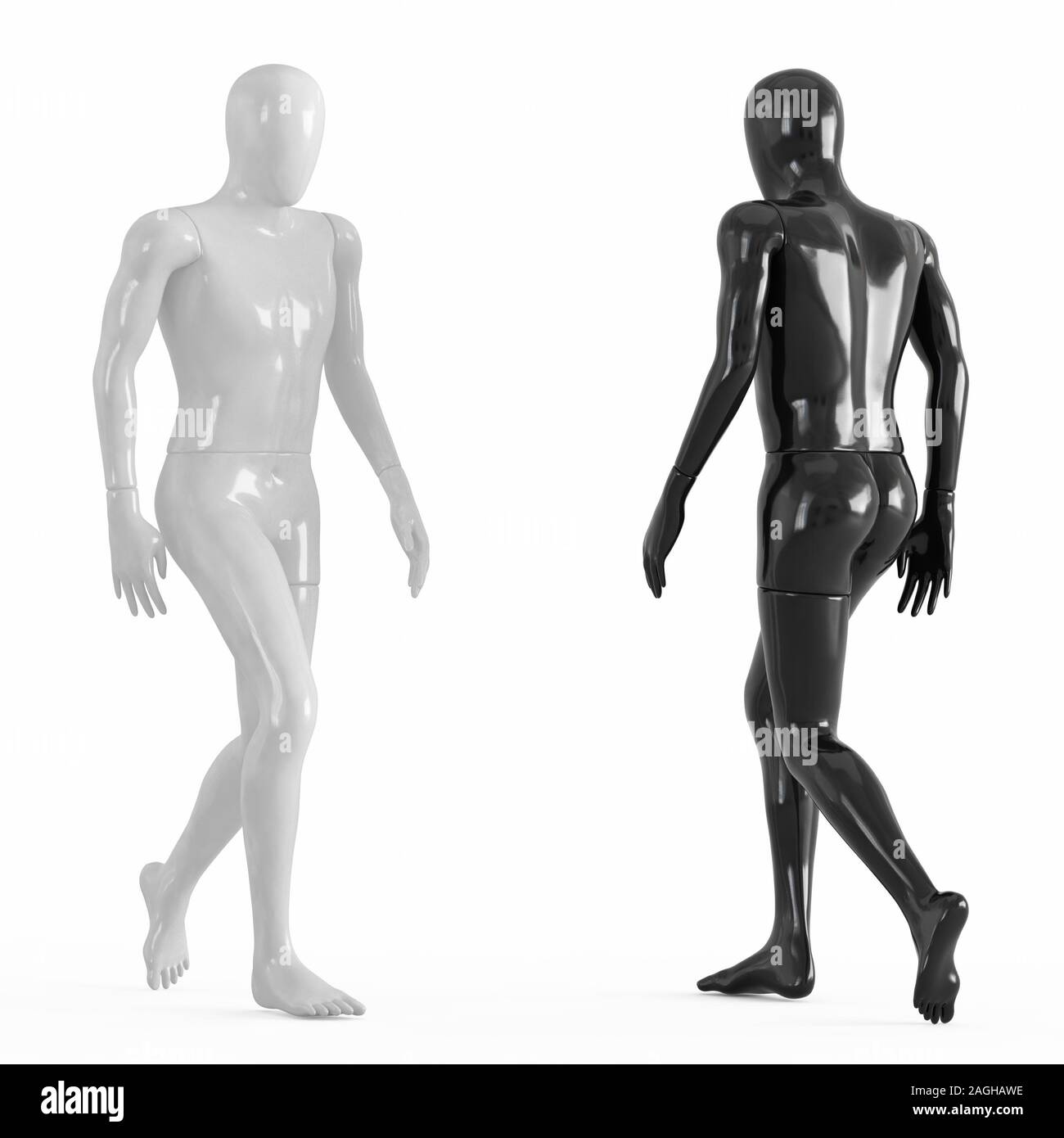 Bianco e nero manichino realizzato in plastica lucida andare verso ogni altro 3d rendering su bianco backgraund Foto Stock