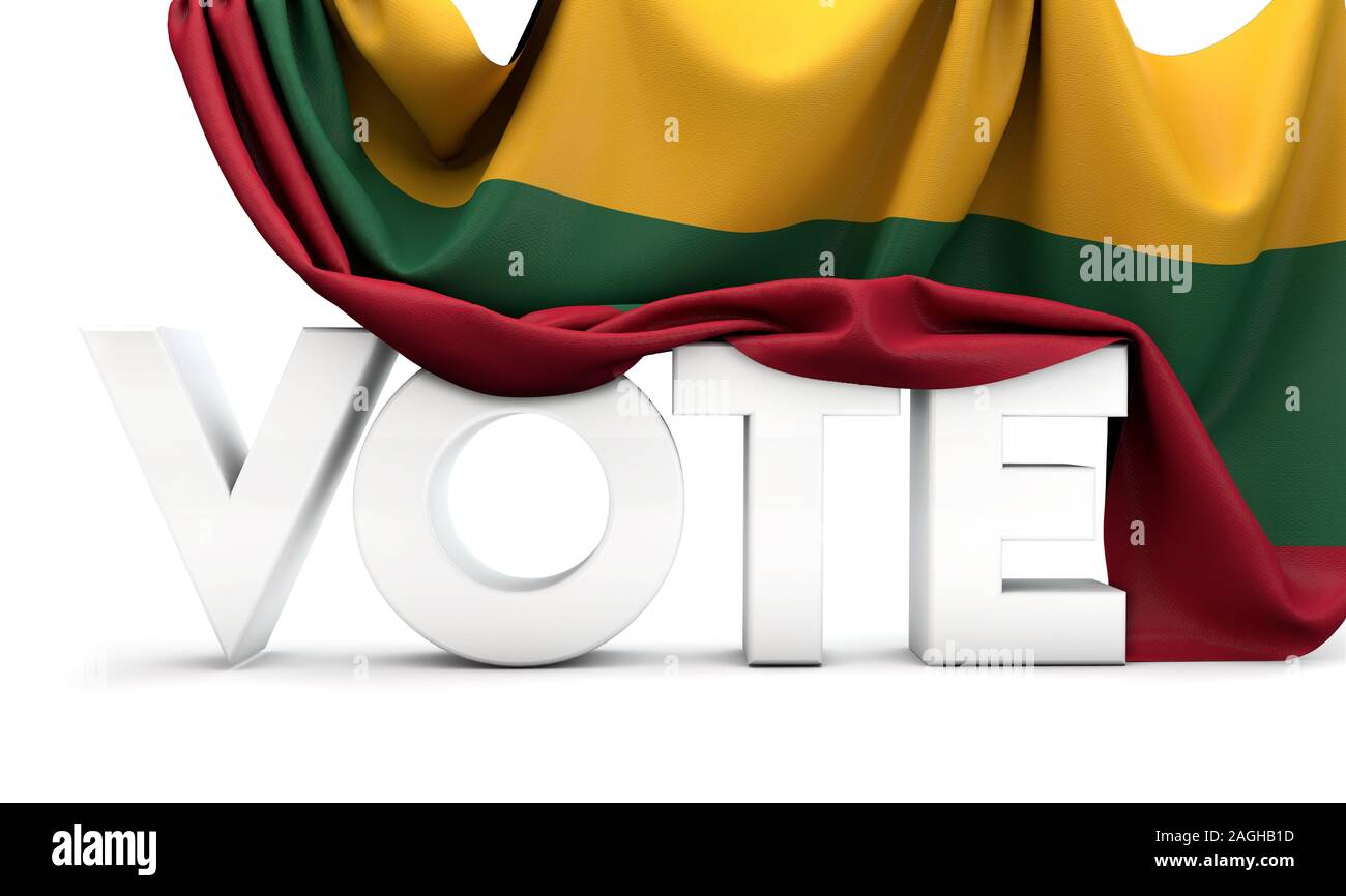 La lituania voto concetto. Voto parola contemplati nella bandiera nazionale. 3D Render Foto Stock