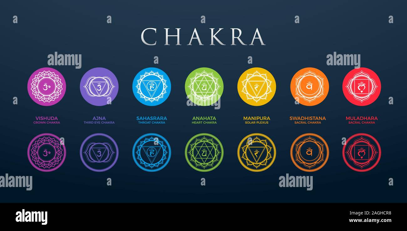 Il Chakra impostato su sfondo scuro Illustrazione Vettoriale