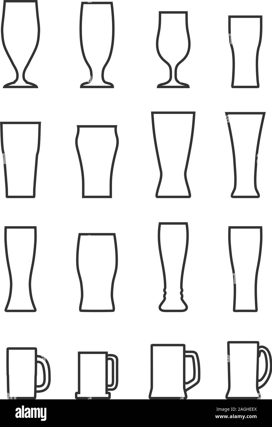 Set di diverse sagome di contorno bicchieri da birra isolato su sfondo bianco. La raccolta di vetro. Bevande alcoliche bicchieri set vettore di contorno Illustrazione Vettoriale