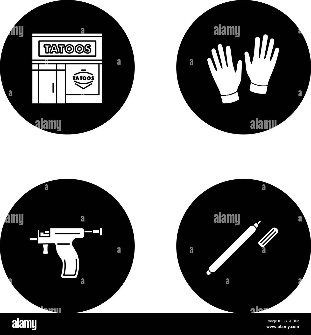 Tattoo studio glifo set di icone. Servizio di perforazione. Salotto Tattoo esterno, guanti medicali, piercing gun, evidenziatore. Vettore sagome bianche illustra Illustrazione Vettoriale