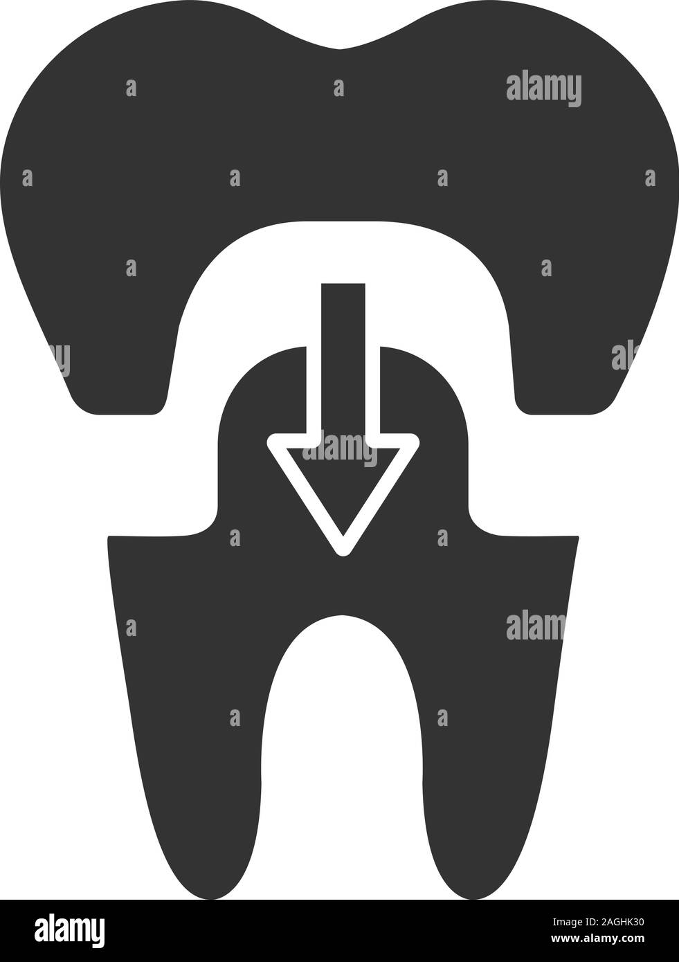 La corona dentale con freccia giù icona glyph. Simbolo di Silhouette. Restauro del dente. Lo spazio negativo. Vettore illustrazione isolato Illustrazione Vettoriale