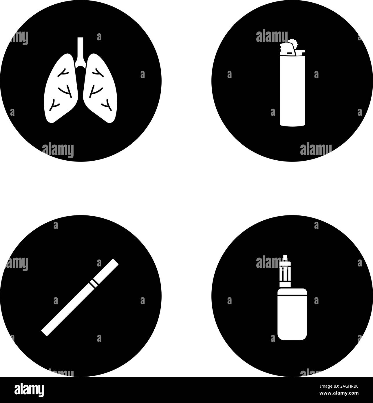 Fumatori glifo set di icone. Polmoni umani, flip accendino, sigarette, vape box mod. Vettore silhouette bianca illustrazioni di cerchi neri Illustrazione Vettoriale