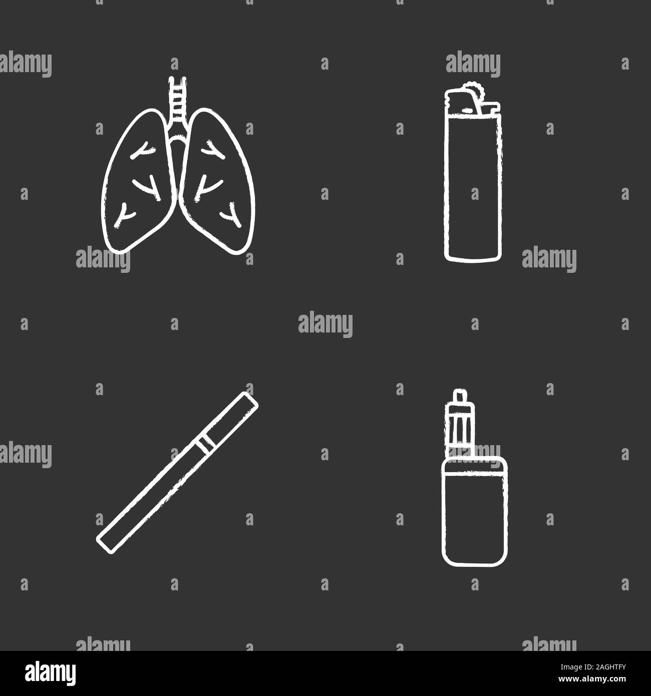 Fumatori chalk set di icone. Polmoni umani, flip accendino, sigarette, vape box mod. Vettore isolato illustrazioni della lavagna Illustrazione Vettoriale
