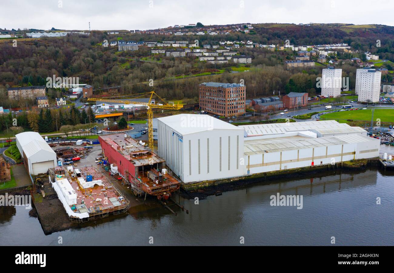 Vista aerea del recentemente nazionalizzato Ferguson Cantiere Marine sul fiume Clyde a Port Glasgow, Scotland, Regno Unito Foto Stock
