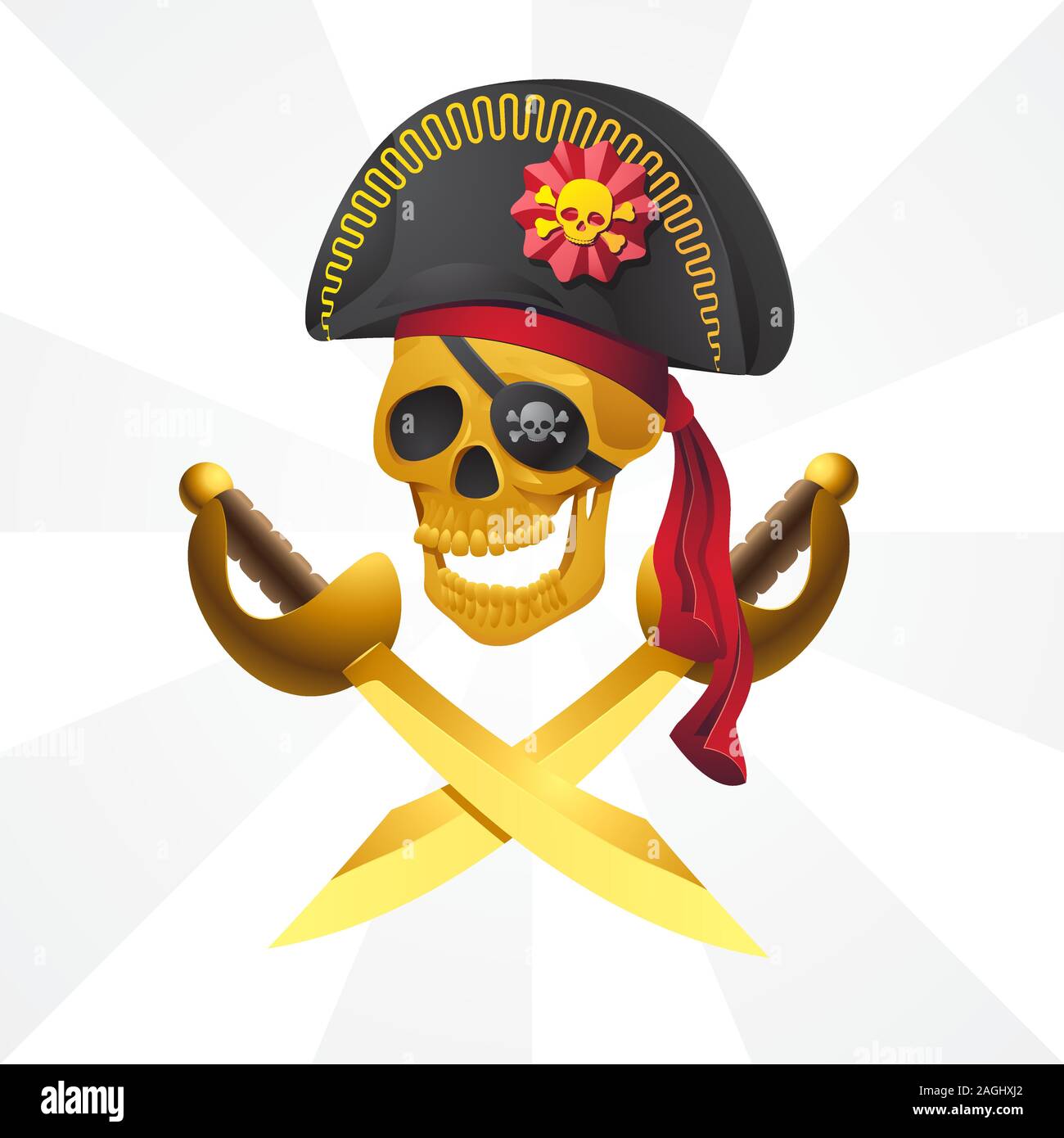 Pirate skull in rosso bandana e armato con cappello di sciabole criss-cross su sfondo isolato. Immagine vettoriale Illustrazione Vettoriale