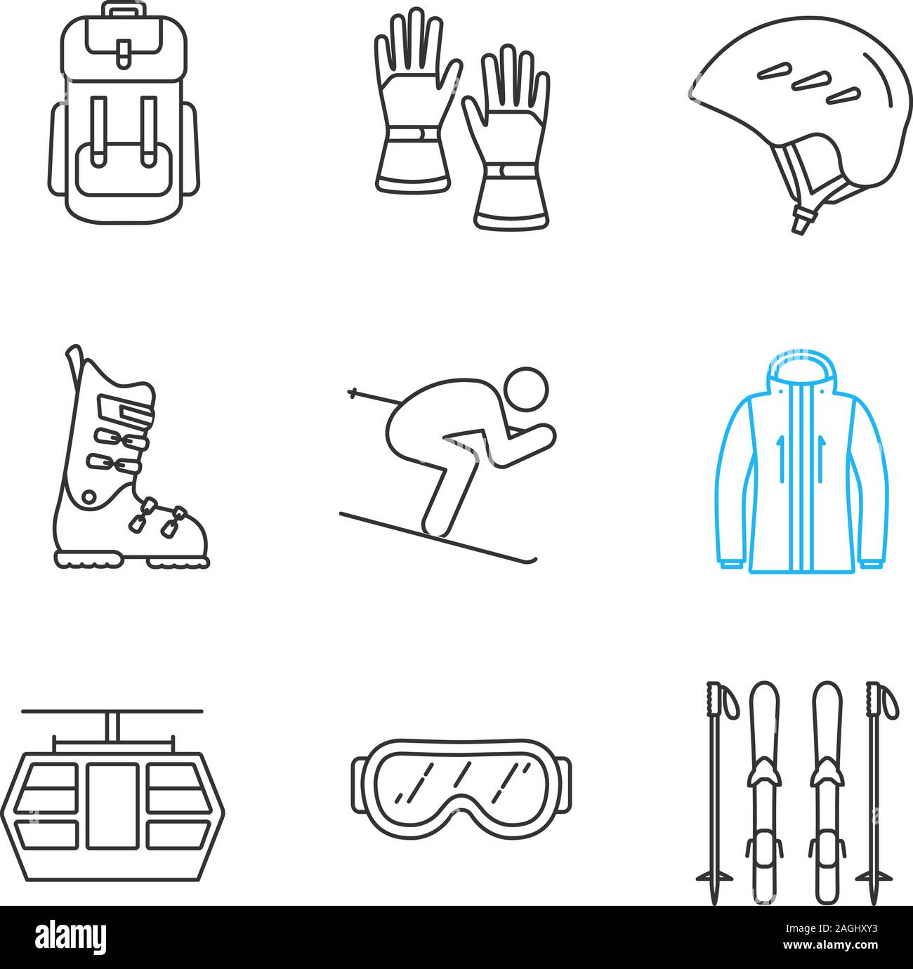 Attività invernali lineare set di icone. Zaino, guanti, occhiali, casco, scarpone da sci, tavole e pali, sciatore, camicia, funicolare. Linea sottile simboli di contorno Illustrazione Vettoriale