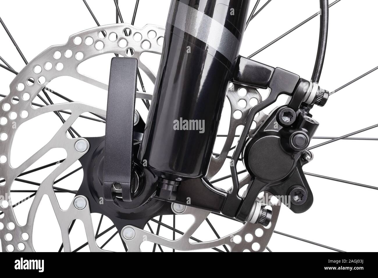 Bike freni ruote anteriori percorso isolato su bianco Foto Stock