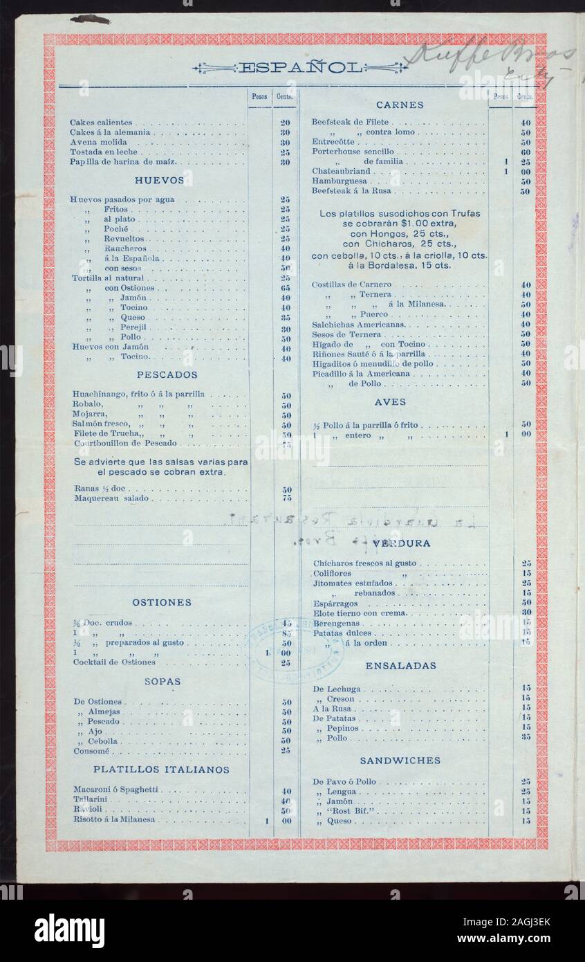 Spagnolo E Inglese Include Un Prezzo Winelist La Cornice Decorativa Sponsor Luogo Data Info Manoscritta Menu Detenute Da La Guardiola Ristorante A Citta Del Messico Messico Resto Foto Stock Alamy