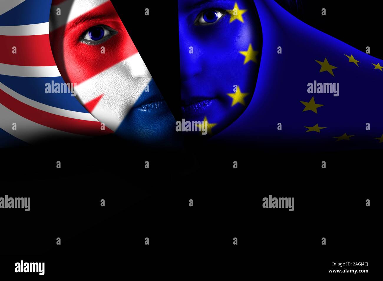 Brexit. Lasciando il Regno Unito UE. Bandiere del Regno Unito e Unione europea dipinto sul volto umano. Foto Stock