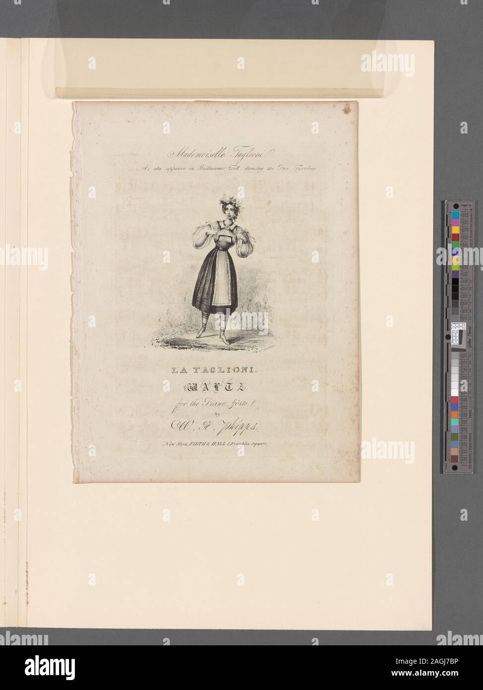 Su pietra: W sto R. Browne, lith. di Pendleton. Il foglio di copertura di musica con la musica. Litografia basata sul 1829 incisione da la serie Petite galerie dramatique, *Tag MGZFB M Gui 3. Piena Lunghezza fino al lato anteriore, guardando a sinistra, salendo sul piede sinistro, mani sulle spalle, fiori nei capelli, sullo sfondo del fogliame.; Mademoiselle Taglioni come lei appare in Guillaume Tell, ballare il pas tyrolien Foto Stock