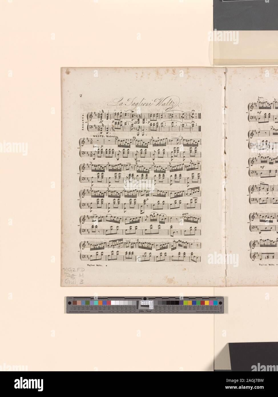 Su pietra: W sto R. Browne, lith. di Pendleton. Il foglio di copertura di musica con la musica. Litografia basata sul 1829 incisione da la serie Petite galerie dramatique, *Tag MGZFB M Gui 3. Piena Lunghezza fino al lato anteriore, guardando a sinistra, salendo sul piede sinistro, mani sulle spalle, fiori nei capelli, sullo sfondo del fogliame.; Mademoiselle Taglioni come lei appare in Guillaume Tell, ballare il pas tyrolien Foto Stock
