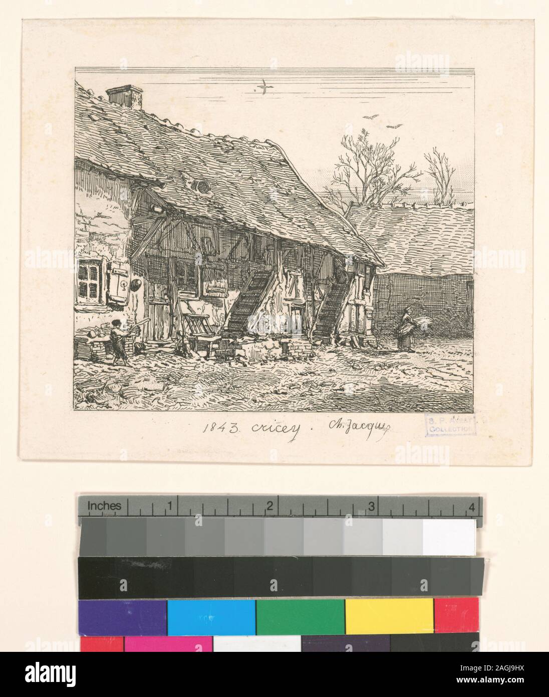 Titolo e date da L'Oeuvre de Ch. Jacque catalogo de ses eaux-fortes et pointes sèches / dressé par J.J. Guiffrey. Partecipazioni in controllate l'Oeuvre de Ch. Jacque catalogo de ses eaux-fortes et pointes sèches / dressés par J.J. Guiffrey. Fa parte delle incisioni e drypoints da Charles Jacque in Samuel Putnam Avery collezione. Citazione/Riferimento: G14(II/[IV]); Maison de paysan à Cricey. Foto Stock