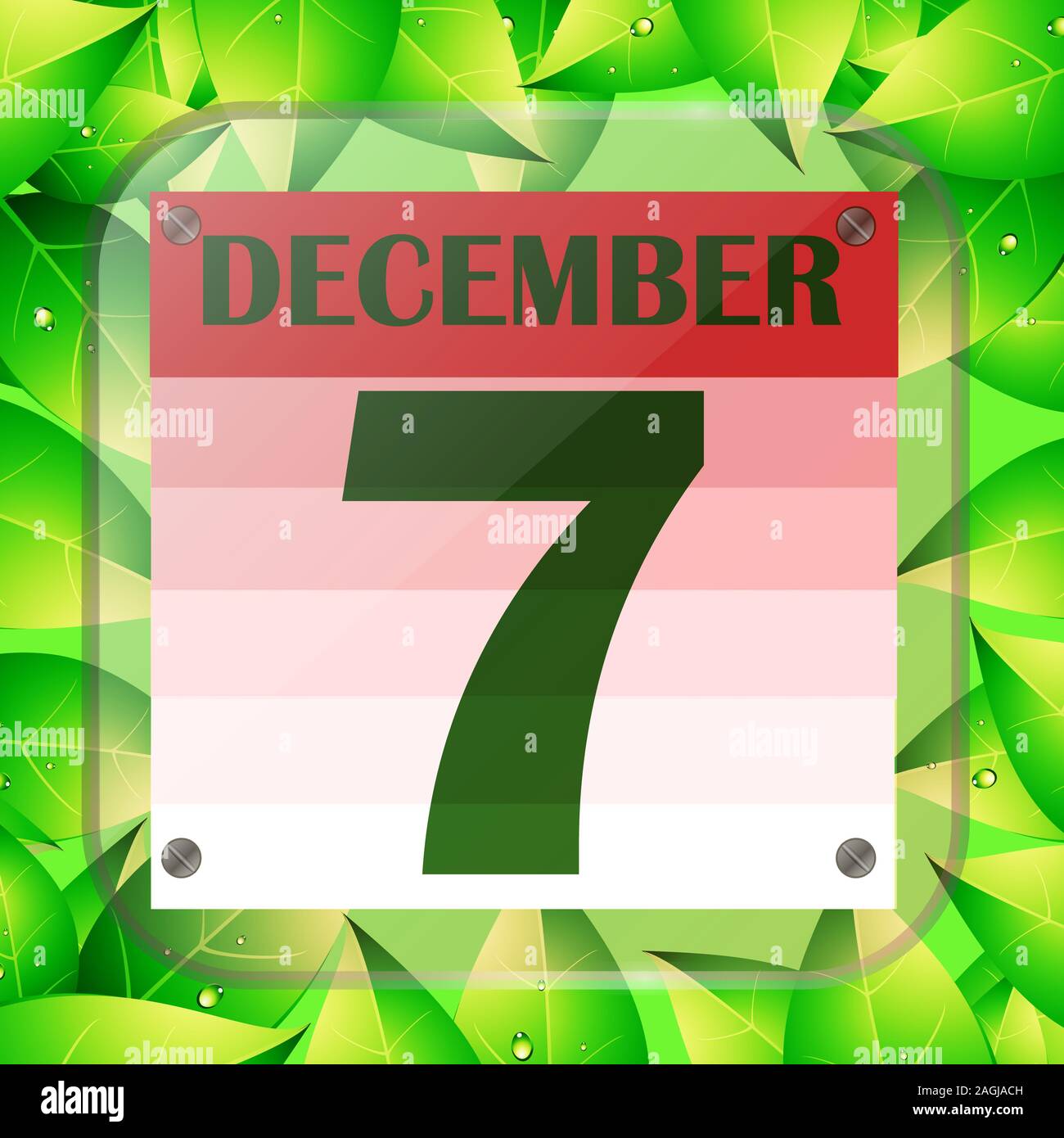 Dicembre 7 icona. Data di calendario per la pianificazione di importanti giorno con foglie verdi. Dicembre 7th. Banner per i giorni festivi e giorni speciali. Illustrazione. Foto Stock