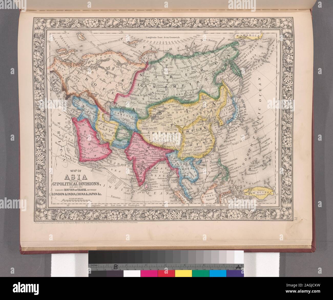 Include extra mappe numerate.; Mappa di Asia, mostrando gt. divisioni politiche e anche i vari percorsi di viaggio tra Londra e in India, Cina e Giappone, &c. Foto Stock