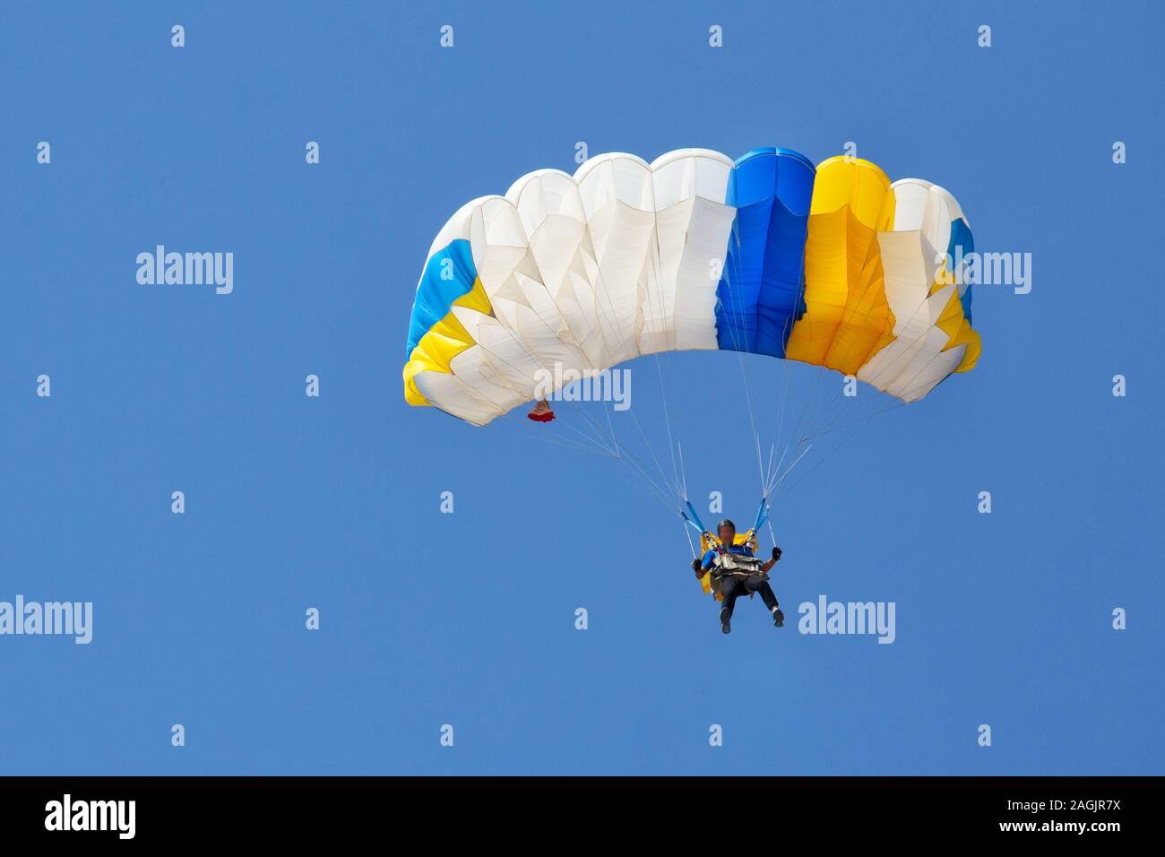 Paracadutista scende sotto la tettoia di un paracadute nel cielo blu Foto Stock