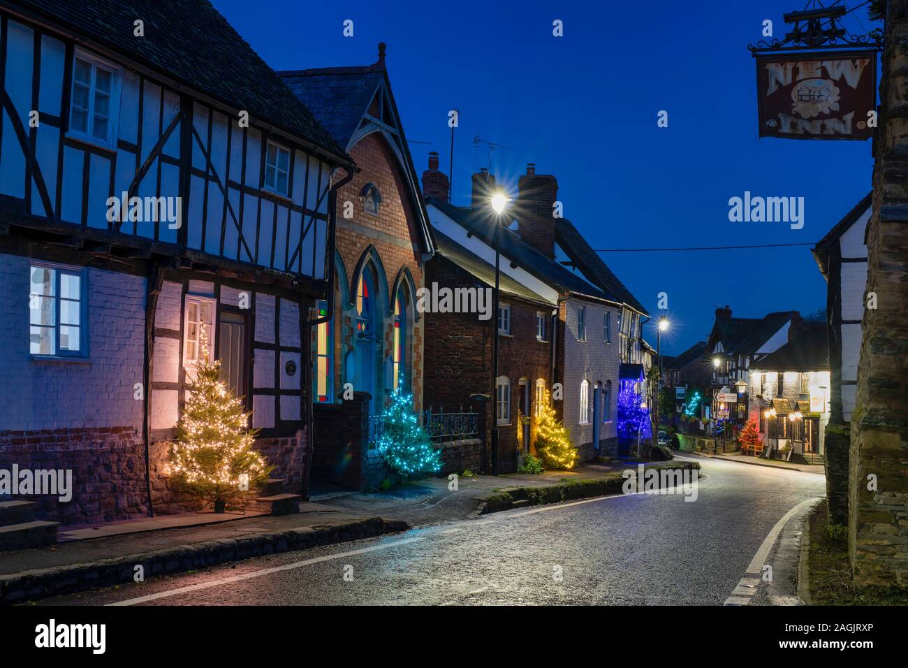 Chritsmas alberi e luci di notte in Pembridge. Herefordshire. Inghilterra Foto Stock