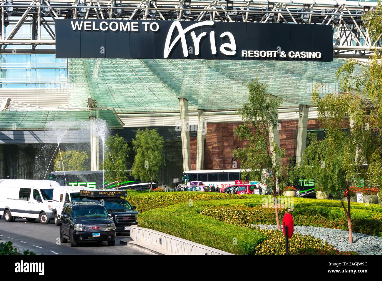 Benvenuti ad Aria Resort and Casino firmare all'entrata dell'hotel, di intrattenimento e di shopping passeggiata sulla Strip di Las Vegas - Las Vegas, Nevada, Foto Stock