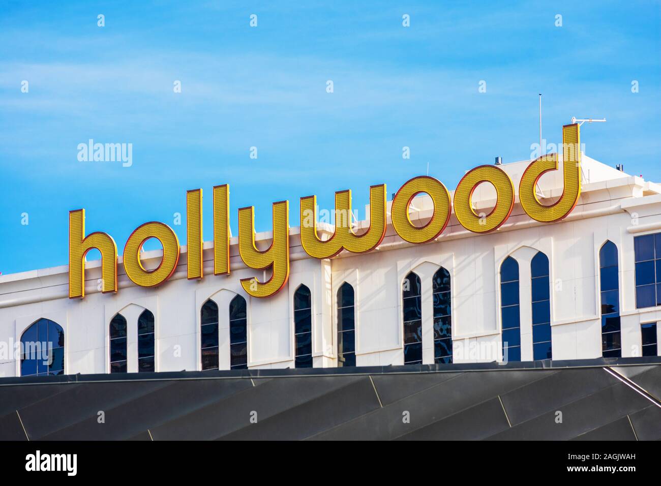 Planet Hollywood Sign in cima all'hotel, casino, di intrattenimento e di shopping passeggiata sulla Strip di Las Vegas - Las Vegas, Nevada, Stati Uniti d'America - Dicembre 2019 Foto Stock