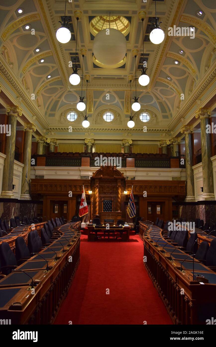 Vista interna della Camera legislativa all'interno del Canadian Parliament Building a Victoria, BC. Foto Stock