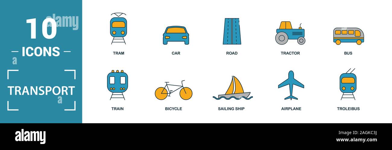 Icona del trasporto set. Includere elementi creativi auto, moto, biciclette, troleibus, taxi icone. Può essere utilizzato per la relazione, presentazione, diagramma, web Foto Stock